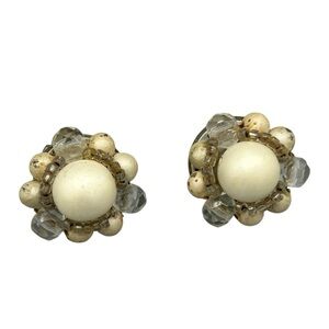 Vintage Made in Japan Cream Beaded Clip-On Earrings | Silver Tone Cluster